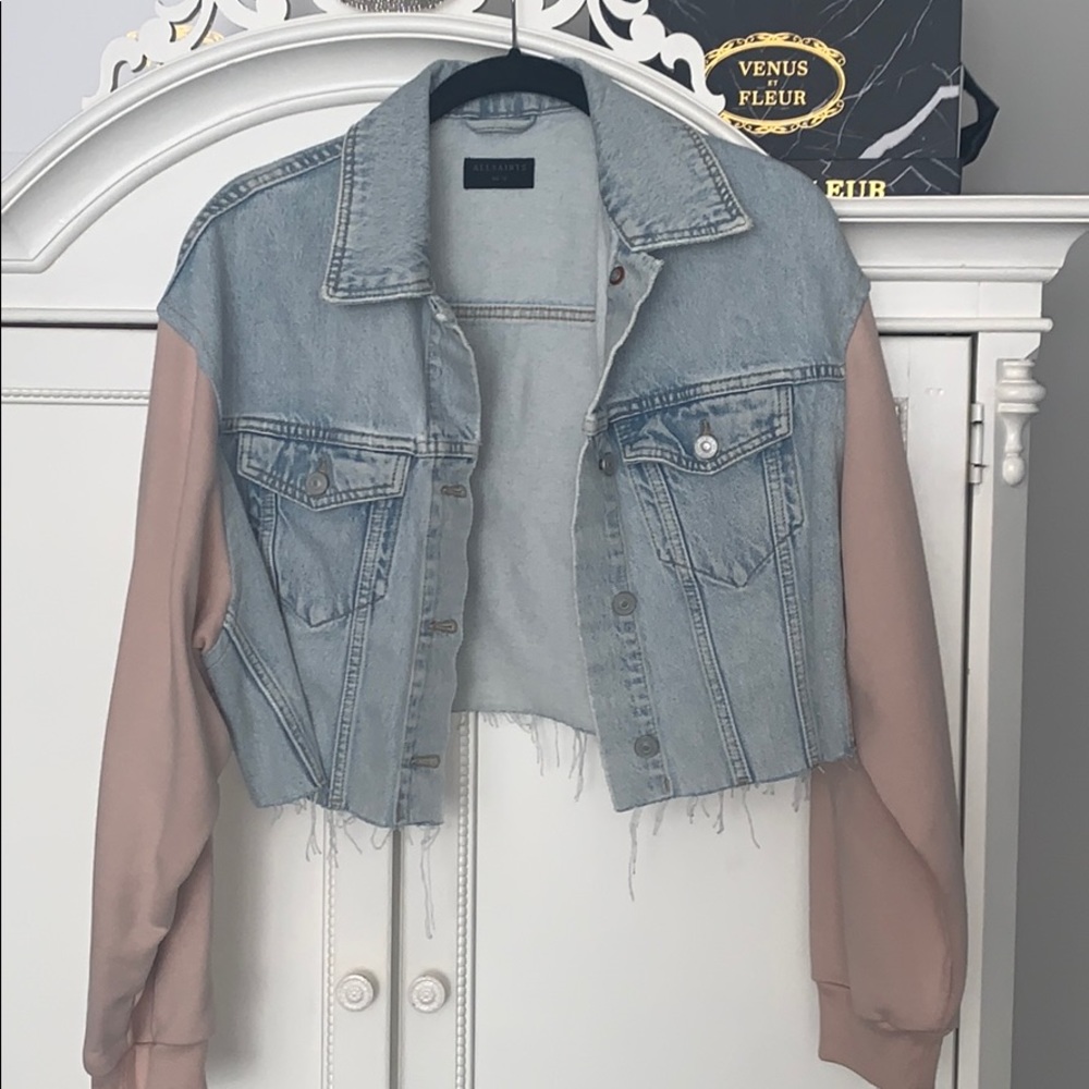 All saints denim cropped jacket with pink sleeves